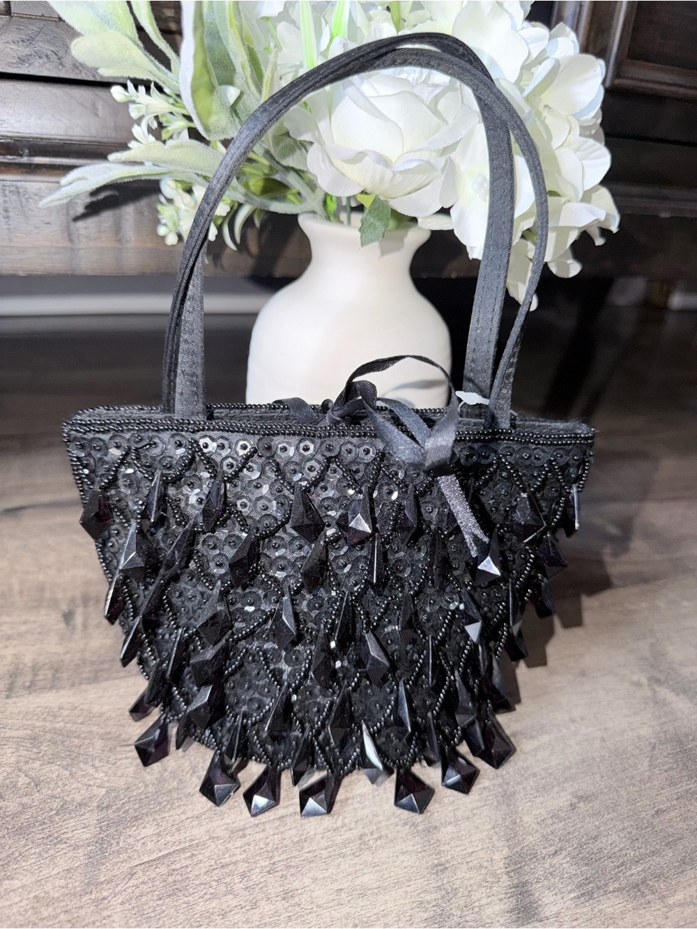 La Regale Black Beaded Mini Tote with Ribbon Accent